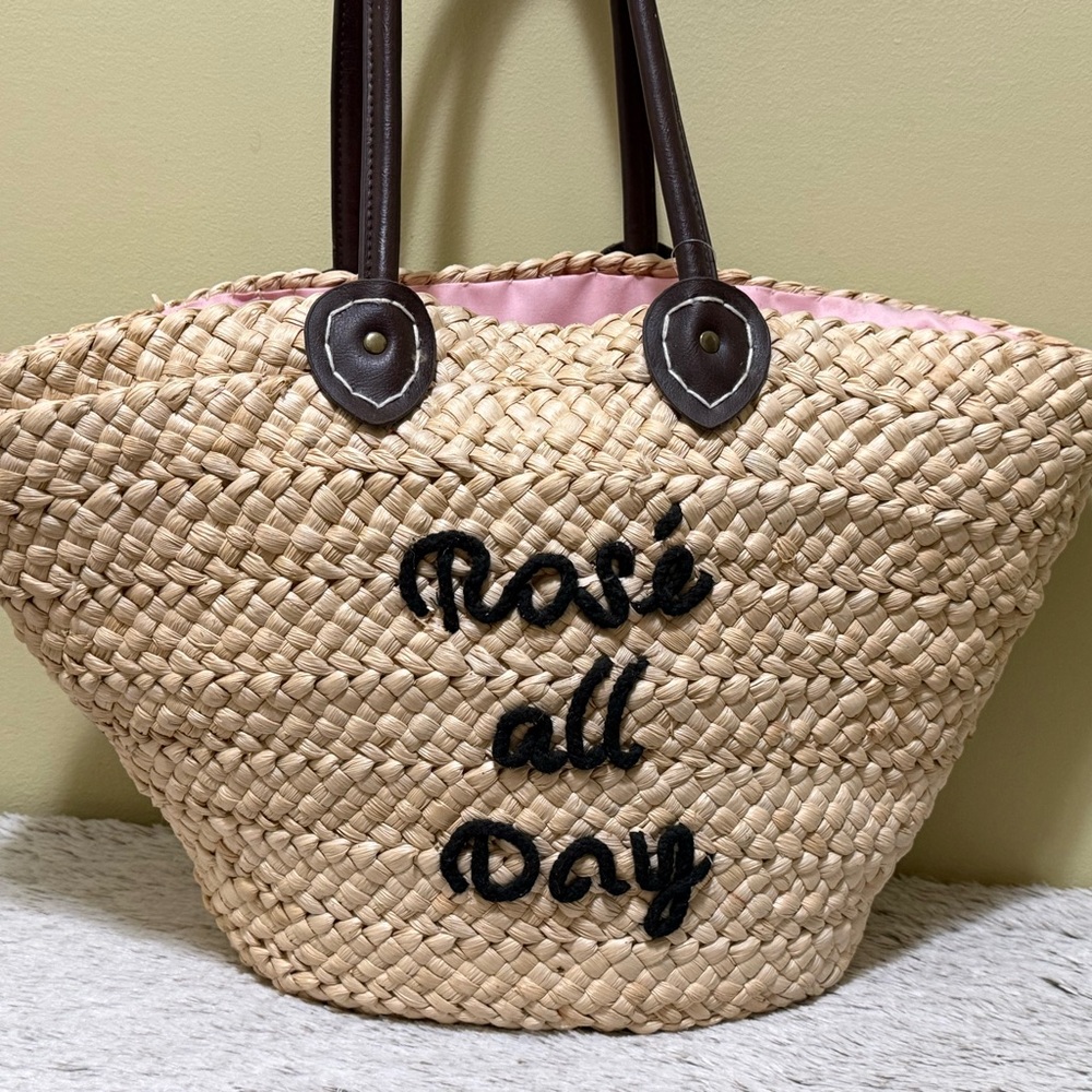 Rosé All Day Straw Tote Bag with Pink Lining